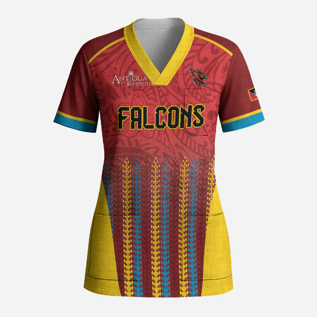 Custom Antigua and Barbuda 2026 Falcons Cricket Scrub Top Falcons Soaring High Red Version
