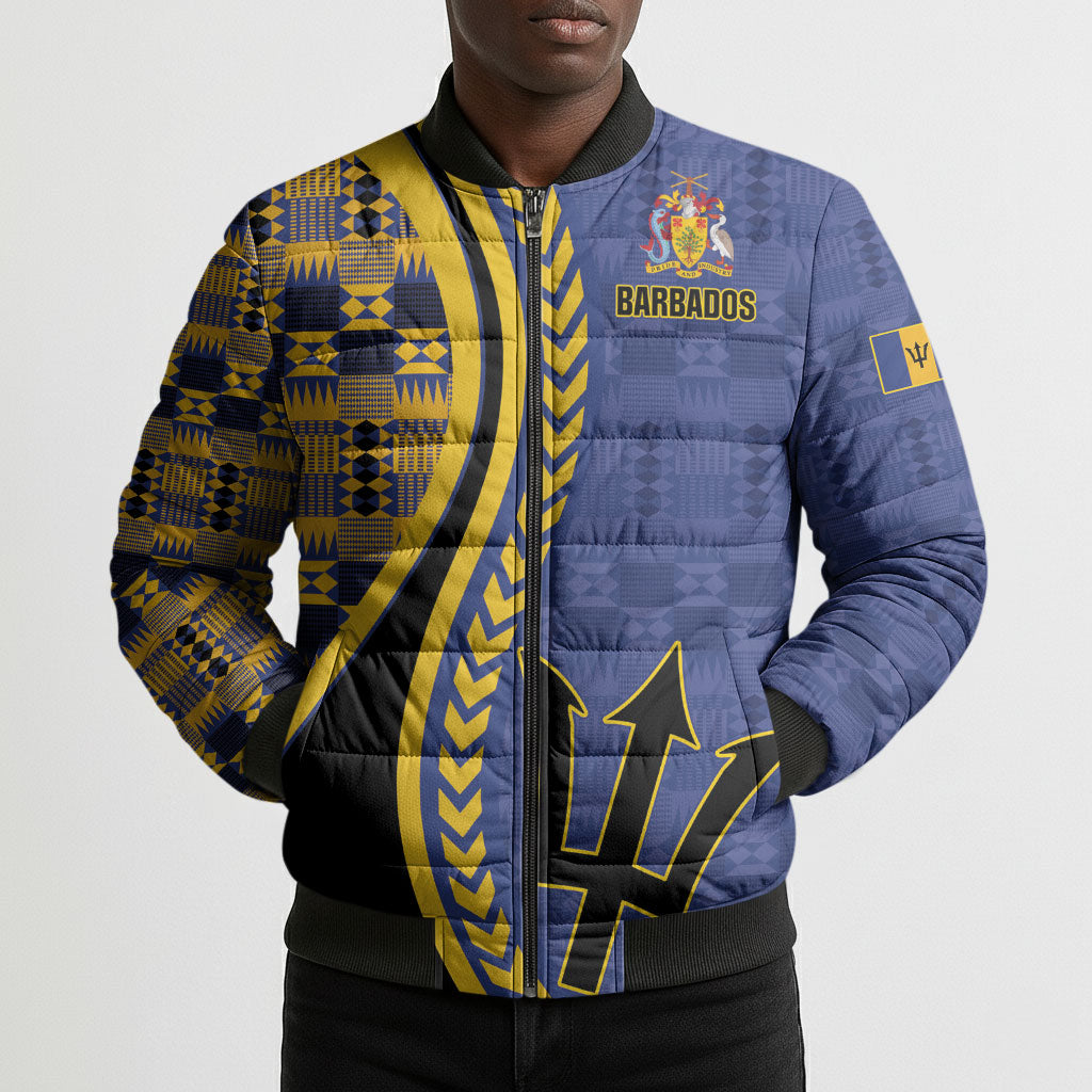 Personalized Barbados Trident Bomber Puffer Jacket Afro-Barbadians Kente Pattern