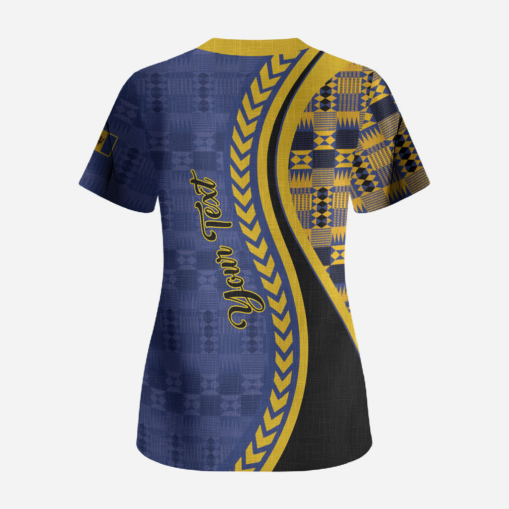 Personalized Barbados Trident Scrub Top Afro-Barbadians Kente Pattern