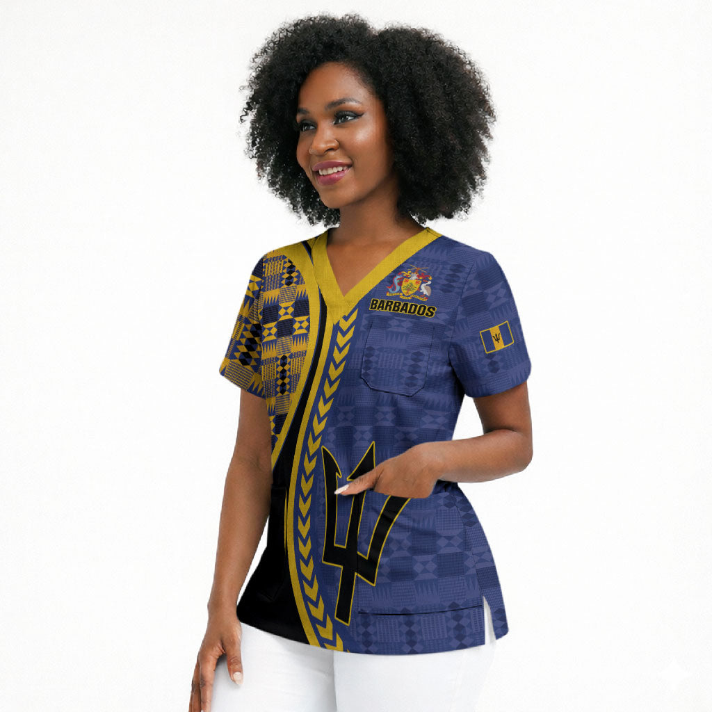 Personalized Barbados Trident Scrub Top Afro-Barbadians Kente Pattern