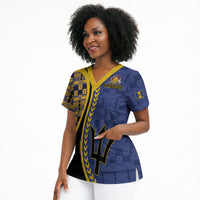 Personalized Barbados Trident Scrub Top Afro-Barbadians Kente Pattern