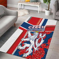 Red, white and blue Czech Republic area rug with lion crest, roses and border stripes