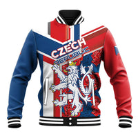 Personalized baseball jacket with Czech flag lion graphic, red/blue/white, zip front