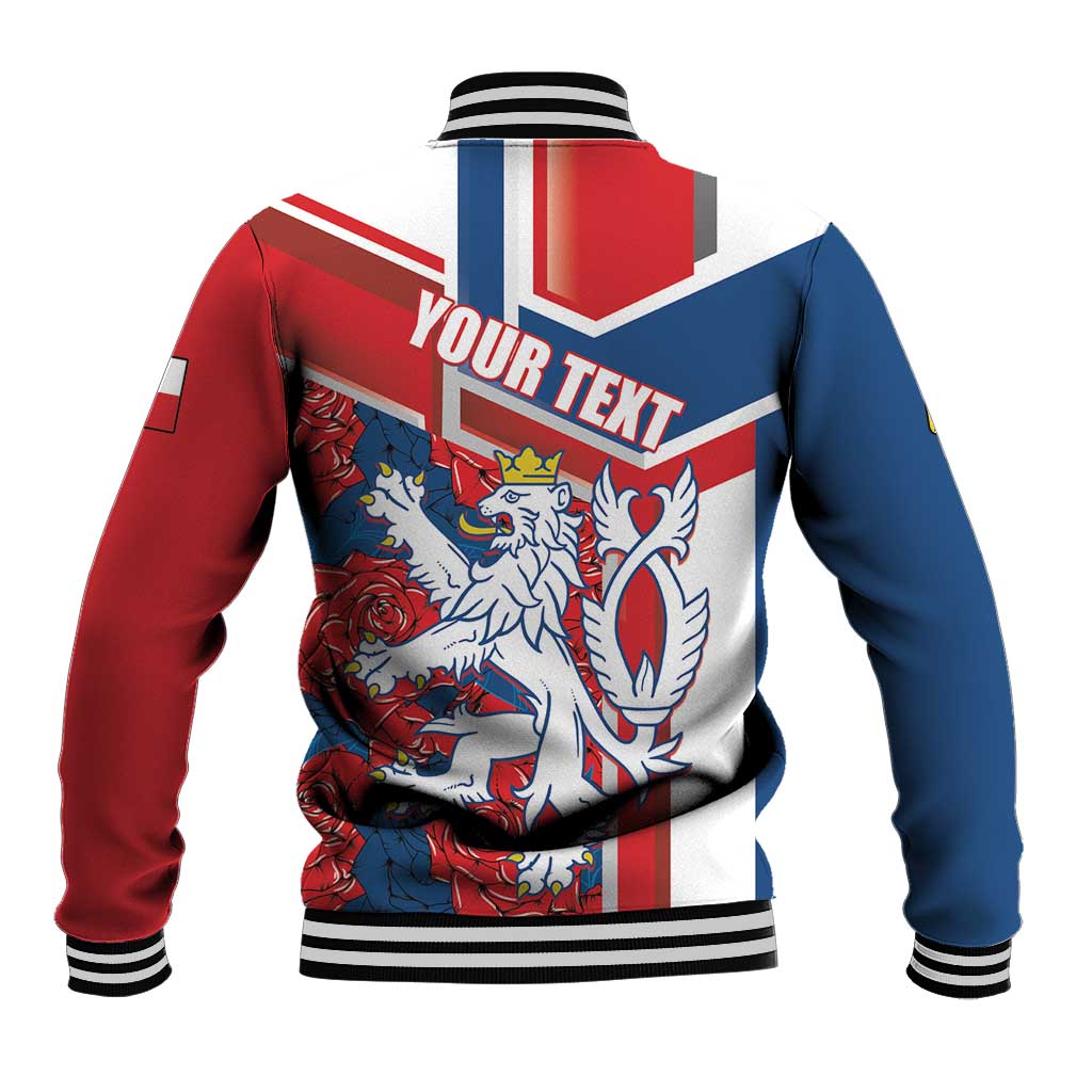 Personalized baseball jacket, back print 'YOUR TEXT' with lion graphic, red/blue/white