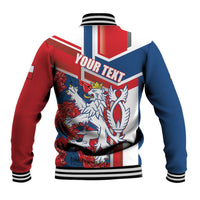Personalized baseball jacket, back print 'YOUR TEXT' with lion graphic, red/blue/white