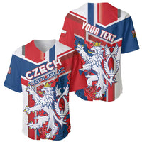 Pair of red, blue, and white baseball jerseys with Czech Republic lion graphics