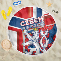 Round Czech Republic beach blanket with fringed edge and lion crest flag design