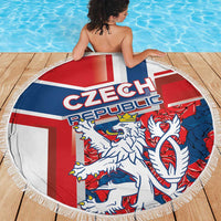 Round Czech-themed beach blanket featuring flag stripes, lion artwork, and tassel fringe