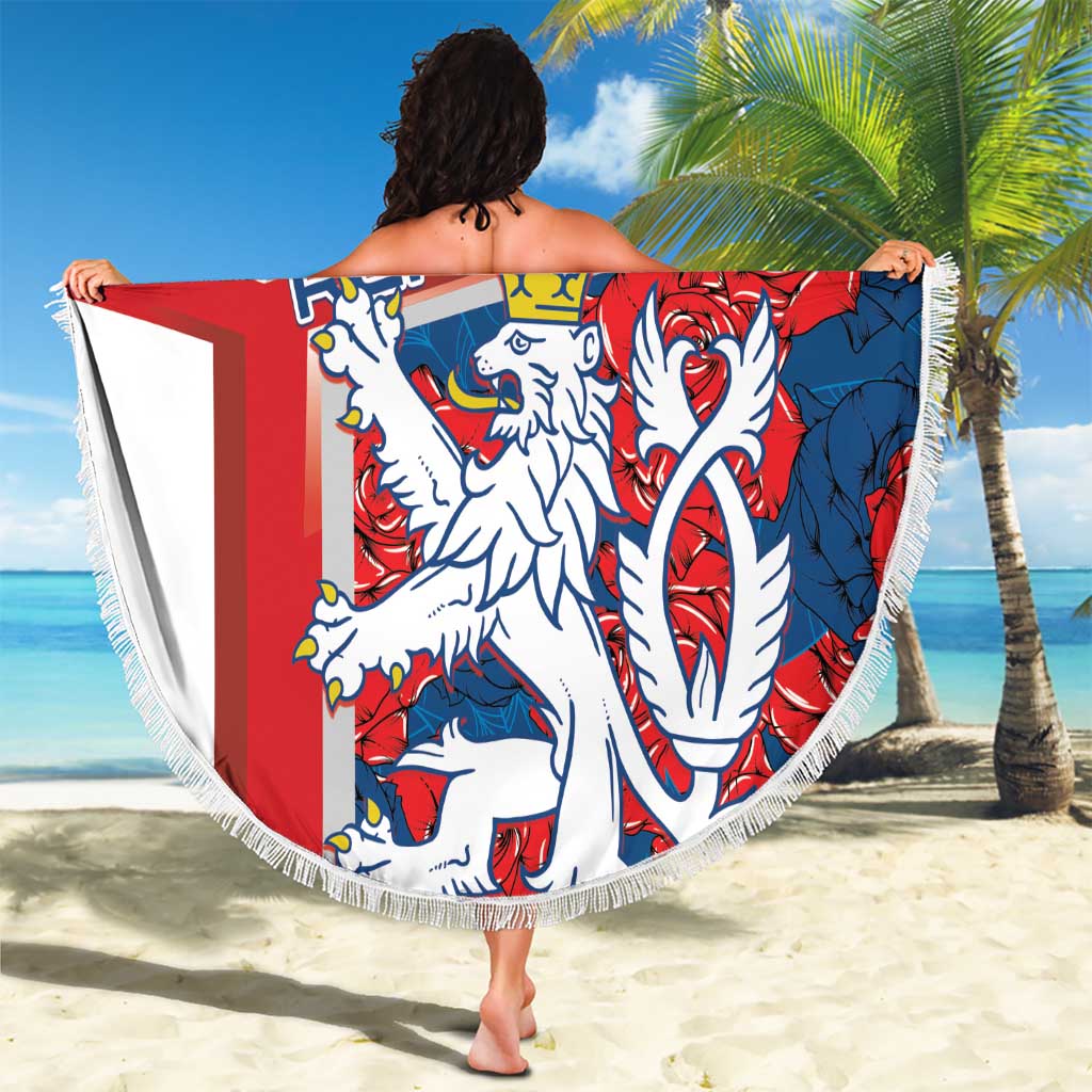 Round beach blanket with Czech Republic flag colors, lion crest, and fringe border