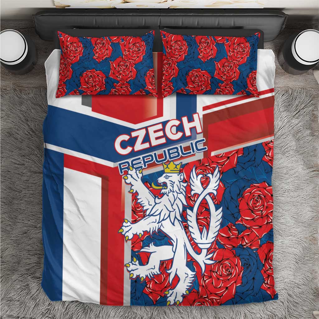 Czech Republic bedding set with duvet and two pillowcases, blue red rose and lion crest print