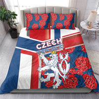 Czech Republic bedding set with duvet and two pillowcases, blue red rose pattern and lion graphic