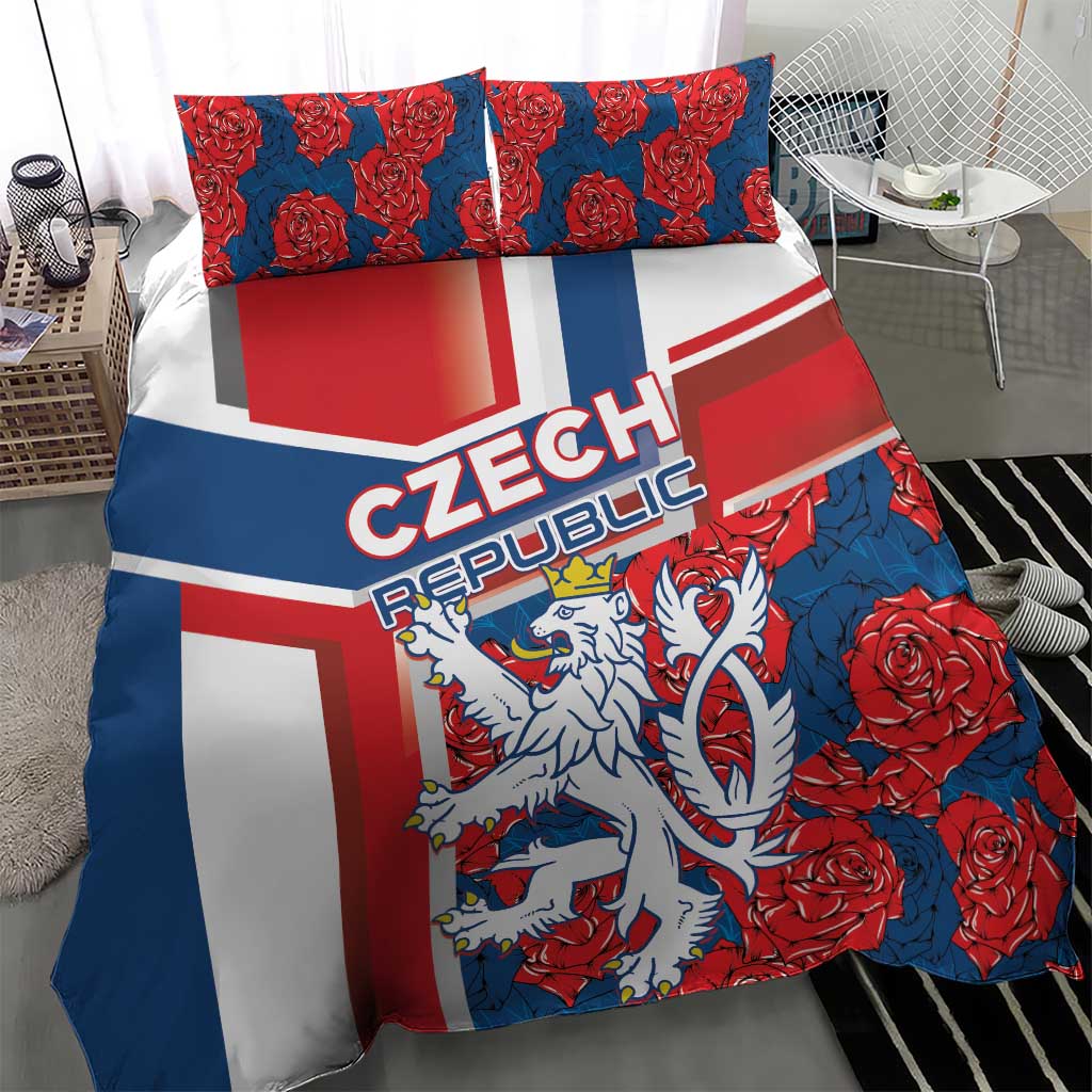 Czech Republic bedding set, blue duvet with lion crest and roses, two matching pillowcases