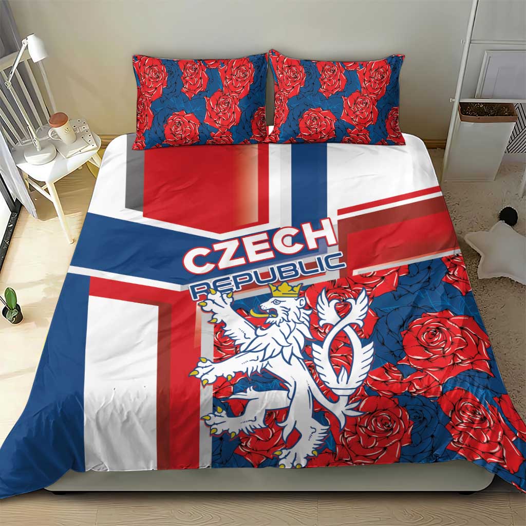 Czech Republic bedding set with duvet cover and two pillowcases, blue red rose and lion design