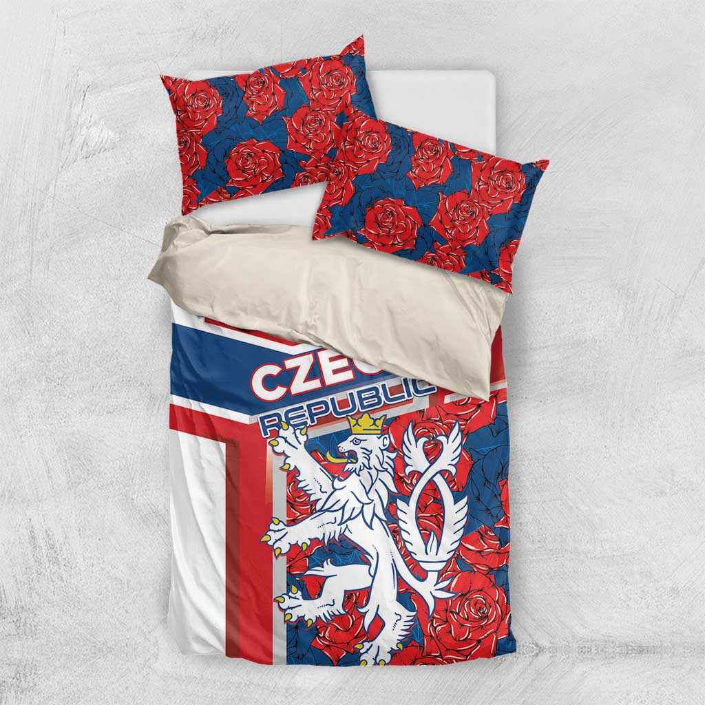 Czech Republic bedding set on white surface, blue red lion and rose duvet with two pillowcases