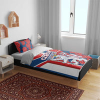 Czech Republic bedding set on bed, blue red lion crest and roses duvet with matching pillowcases