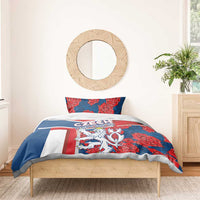 Czech Republic bedding set, blue red lion crest duvet cover and pillowcase with roses