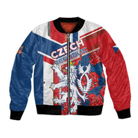Red/blue/white bomber jacket with lion graphic, front zipper and ribbed cuffs