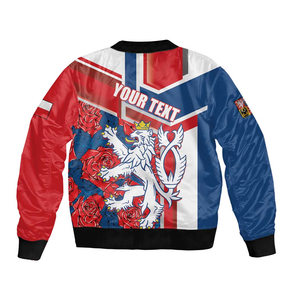 Red/blue/white bomber jacket with lion graphic and 'YOUR TEXT' on back, ribbed hem