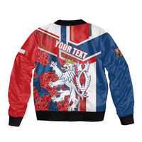Red/blue/white bomber jacket with lion graphic and 'YOUR TEXT' on back, ribbed hem