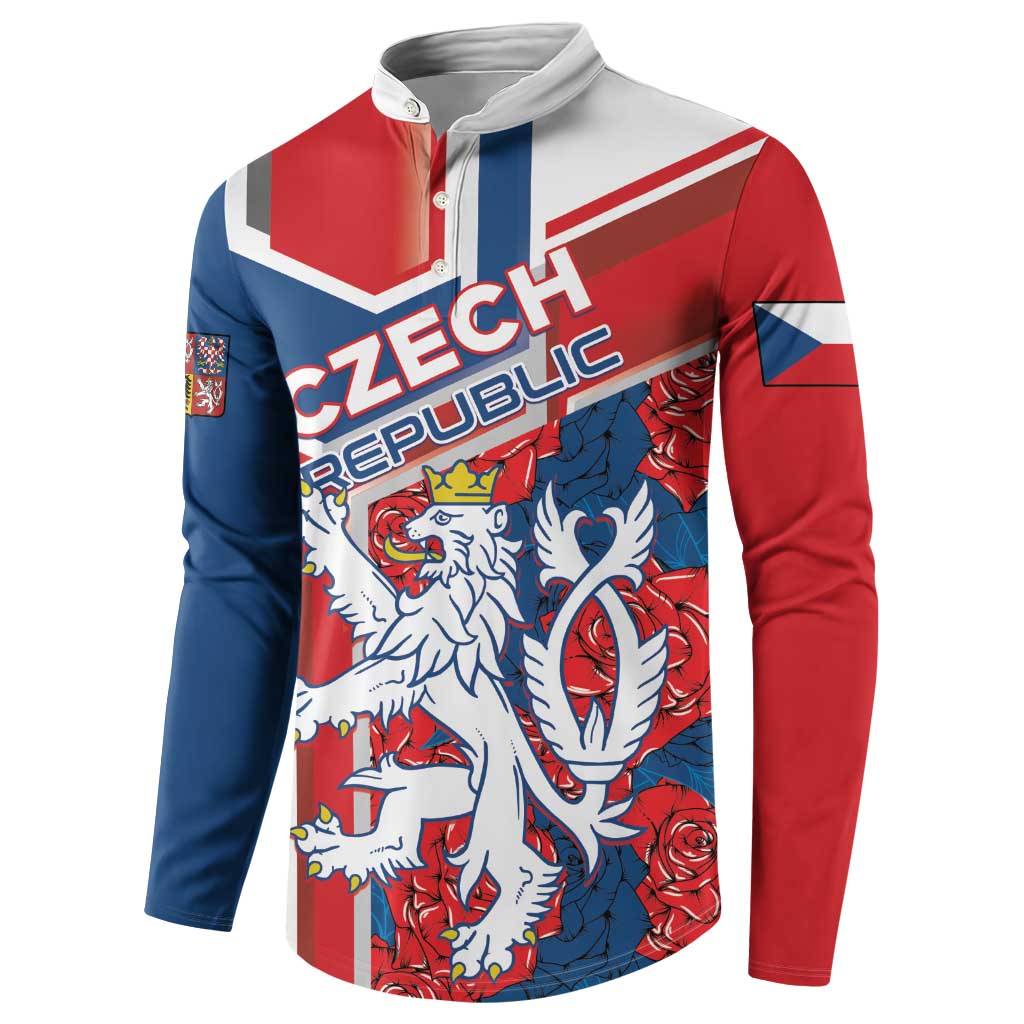 Red, blue & white henley sweatshirt with Czech lion crest graphic