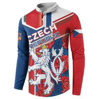 Red, blue & white henley sweatshirt with Czech lion crest graphic