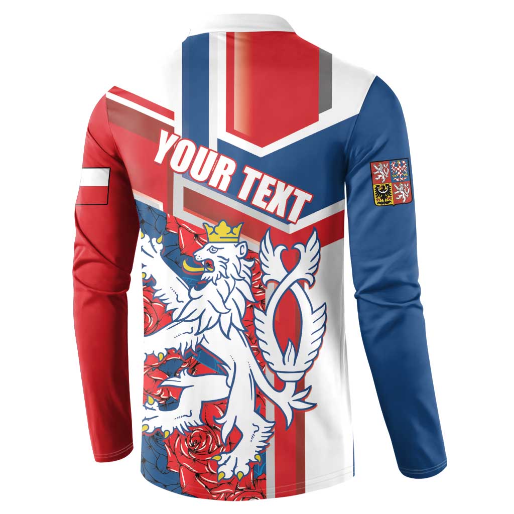 Red, blue & white henley sweatshirt back with YOUR TEXT and lion graphic