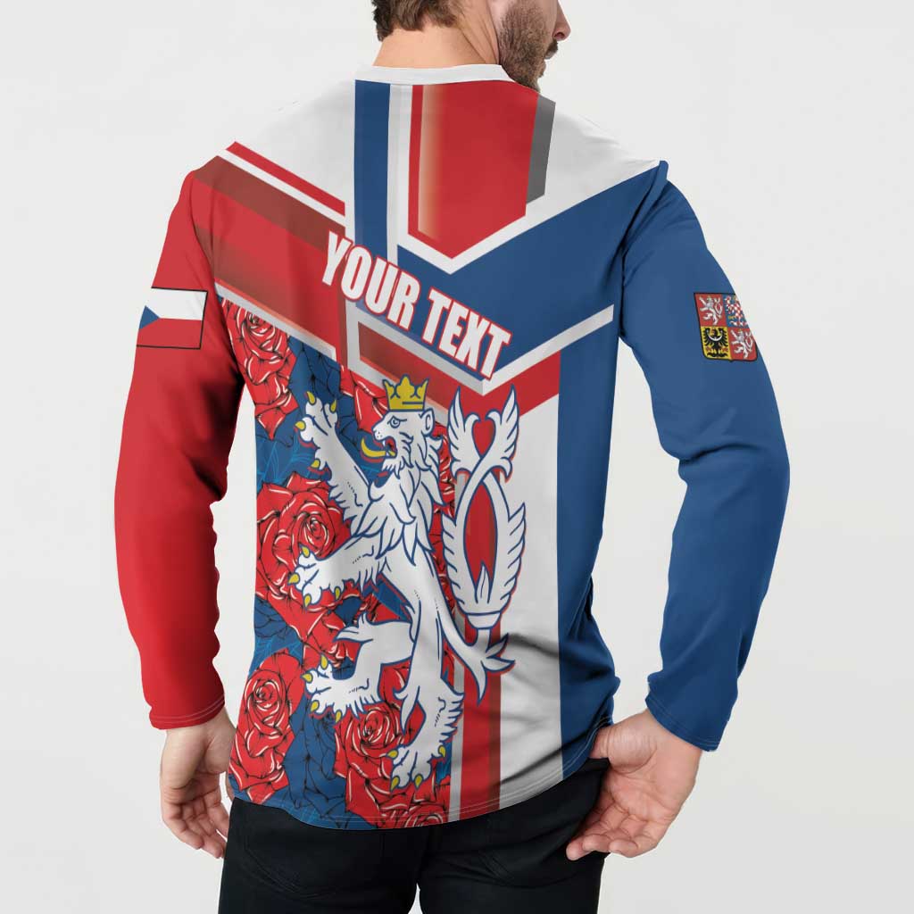 Red, blue & white henley sweatshirt back with YOUR TEXT and heraldic lion