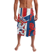 Printed swim shorts with Czech flag stripes, lion graphic, and red rose panels