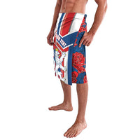 Printed swim shorts with flag-striped panels and red rose side sections