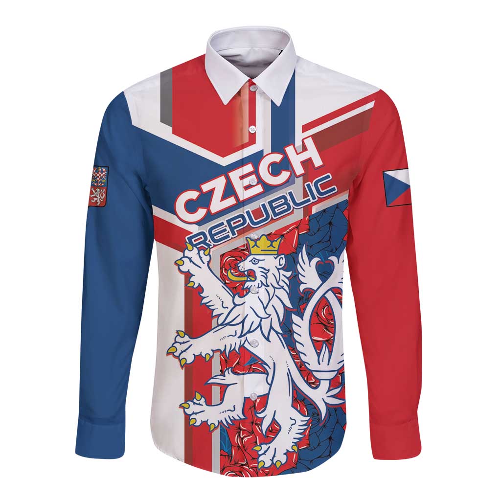 Long-sleeve button shirt in red/blue/white with Czech Republic lion graphic