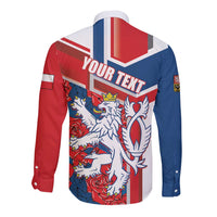 Back view long-sleeve button shirt in red/blue/white with lion crest and text