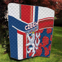 Square Czech Republic quilt blanket with red roses, white lion, and blue stripe sections