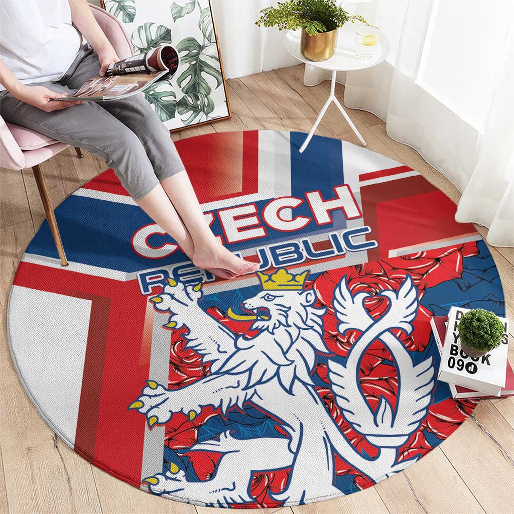 Round area rug on floor with red, blue, and white striped design, lion emblem and CZECH letters