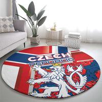 Round area rug with Czech flag stripes and central lion graphic in red, blue, and white