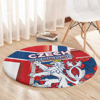 Round rug detail: red, blue, and white striped design with lion emblem and CZECH word