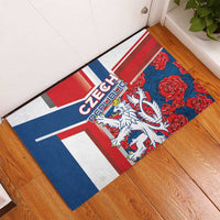 Rectangular red rubber doormat featuring Czech Republic lettering, lion emblem, roses
