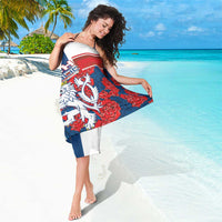 Red, white, and blue lion crest and rose pattern Czech Republic sarong, draped