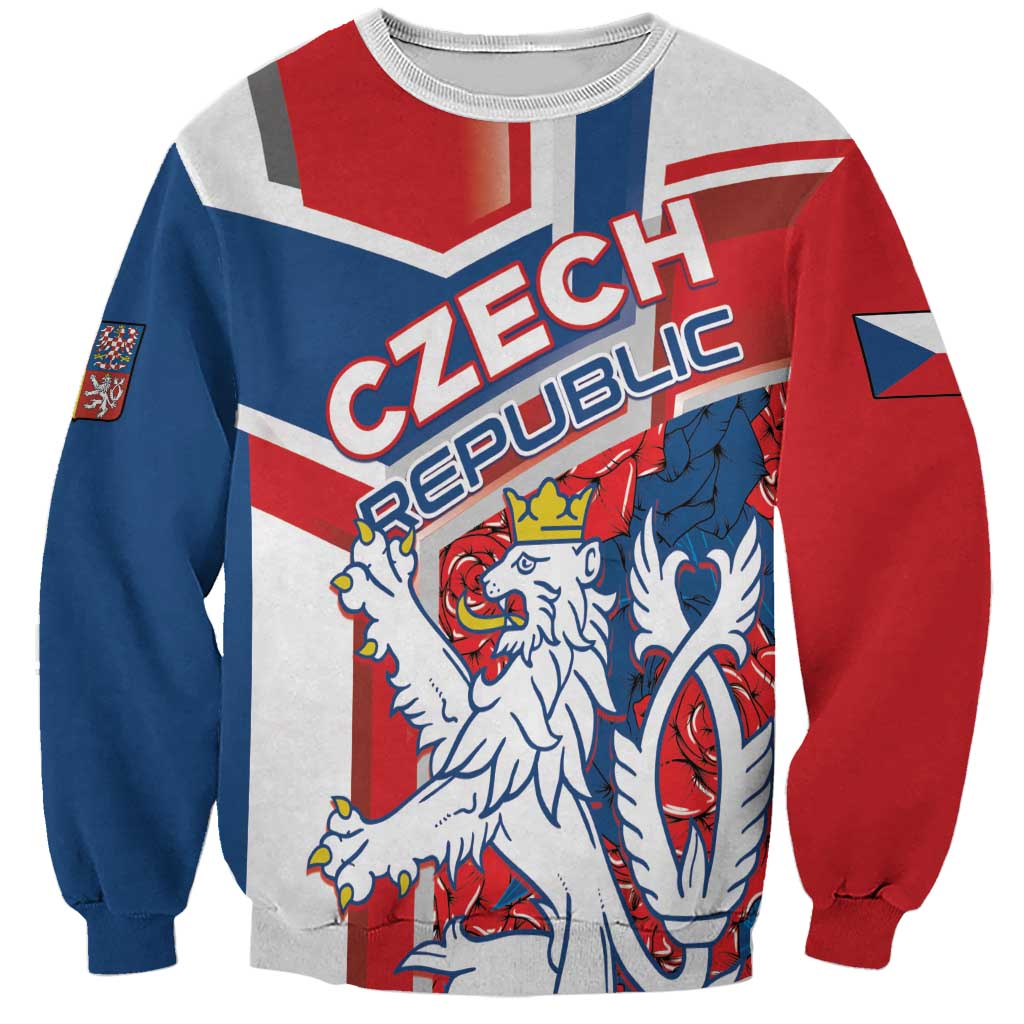 Unisex sweatshirt with Czech flag panel and lion graphic, red blue white, crew neck