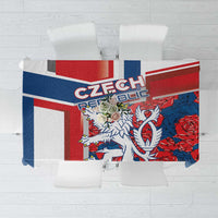 Red and blue tablecloth with Czech Republic graphic, lion and rose pattern, rectangular.