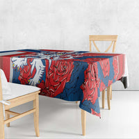 Red, blue, and white tablecloth with Czech Republic lion and rose collage pattern.