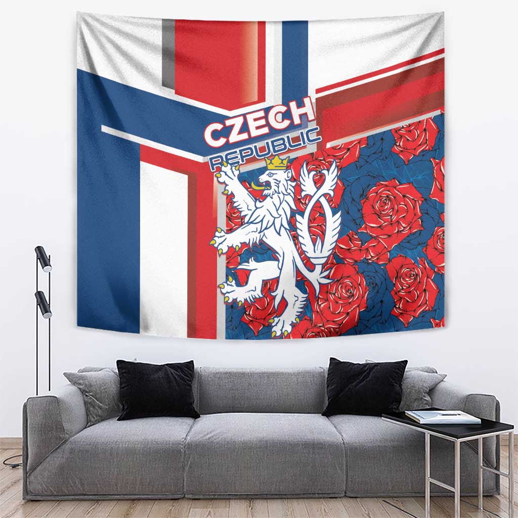 Czechia tapestry showing lion graphic and roses on blue, red, and white striped panel