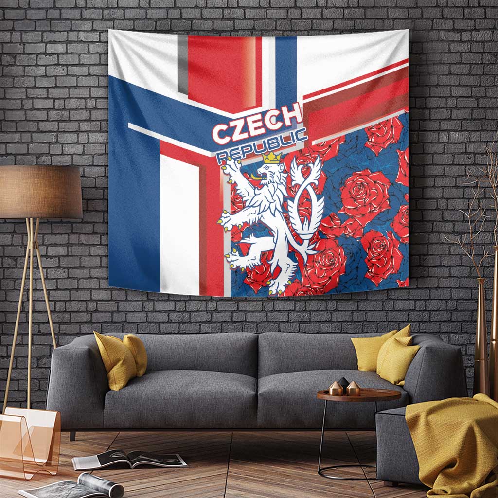 Czechia tapestry with lion and roses in blue, red, and white flag stripes
