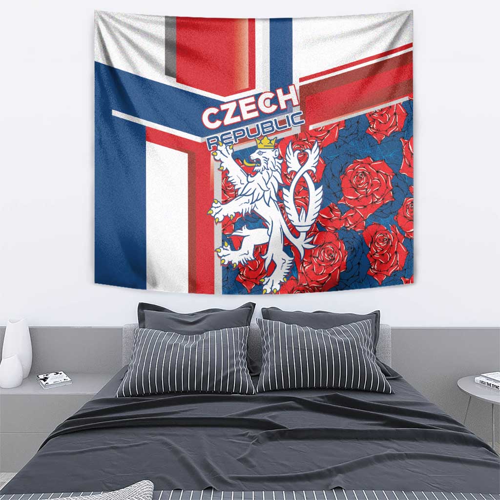 Czechia tapestry featuring white lion and red roses over blue and red flag stripes