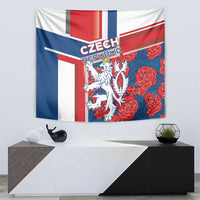 Czechia tapestry with lion crest and red rose pattern on blue, red, and white stripes