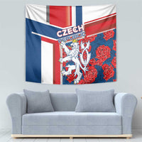 Czechia tapestry with lion mascot and rose cluster on blue, red, and white stripes