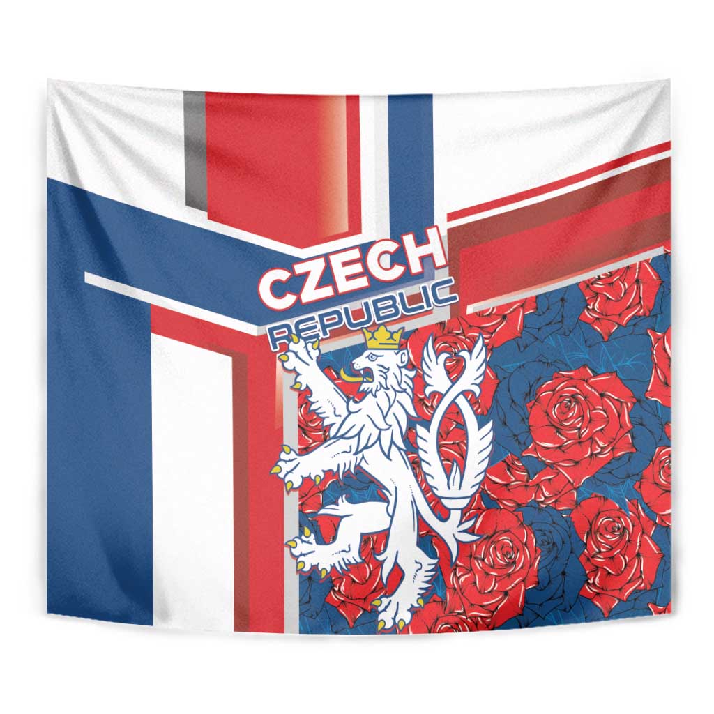 Czechia tapestry close-up with lion in crest and red rose pattern on flag stripes