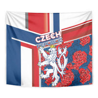 Czechia tapestry close-up with lion in crest and red rose pattern on flag stripes