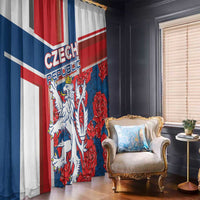 Czech-themed window curtains with bold red, blue, and white lion-and-rose print