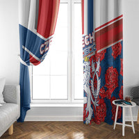 Window curtain pair with blue, red, and white print featuring lion and rose motifs