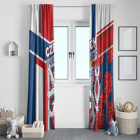Window curtain set with Czech flag stripes and lion-and-rose red, blue, white pattern